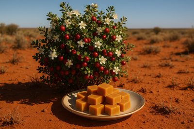 A muntrie berry bush in the Australian Desert with a plate of caramel fudge under it