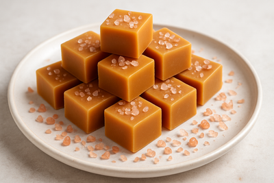 caramel fudge on a plate with pink rock salt scattered around