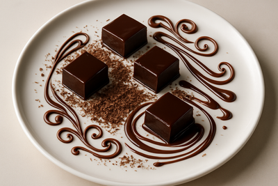 generate a delicious chocolate plate with grated chocolate, chocolate sauce, chocolate fudge and chocolate swirls