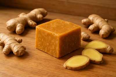 Ginger fudge on a kitchen bench with ginger