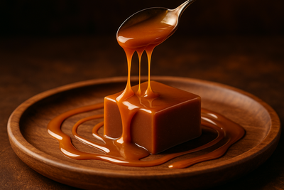 platter with drizzled caramel coming off a spoon and one piece of caramel fudge